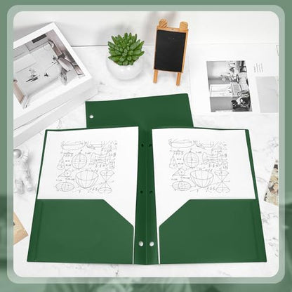 Yeaqee 50 Pcs Plastic Folders with Pockets Bulk 3 Hole Punched 2 Pocket File Folders for 3 Ring Binder Divider Folder for Notebooks, Durable Poly for Office Home (Dark Green) - color: Dark Green
