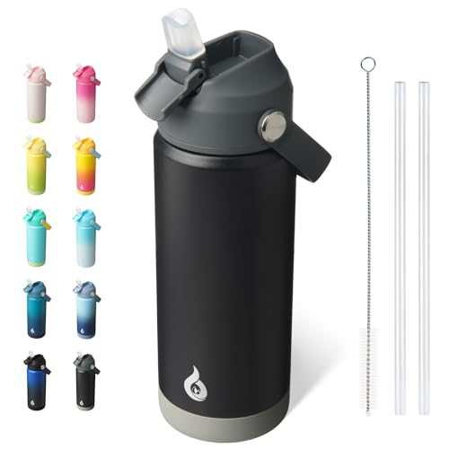 BJPKPK Insulated Water Bottle with Straw Lid, 18oz Thermo Water Bottles with Soft Nozzle, Flex Handle & Non-slip Boot, BPA Free Leak Proof Stainless Steel Metal Thermo, Tumblers, Cups,Black - color: Black, size: 18 Ounces