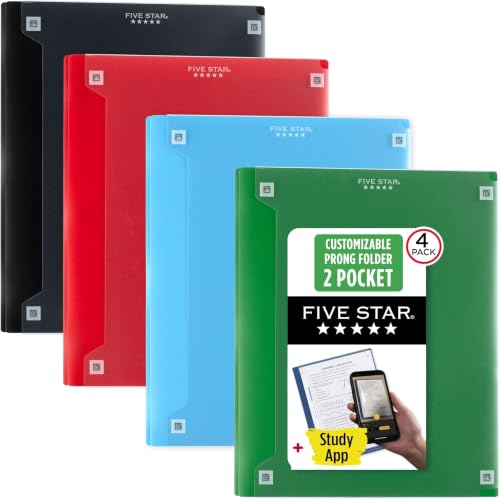 Five Star 2-Pocket Folder + Study App, Plastic Folder with Prong Fasteners and Customizable Clear Cover, Holds 8-1/2" x 11" Paper, Black, Pacific Blue, Fire Red, Forest Green (340220A-ECM),Pack of 24 - size: Pack of 24