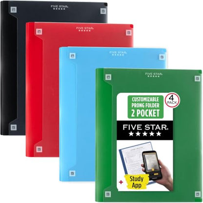 Five Star 2-Pocket Folder + Study App, Plastic Folder with Prong Fasteners and Customizable Clear Cover, Holds 8-1/2" x 11" Paper, Black, Pacific Blue, Fire Red, Forest Green (340220A-ECM),Pack of 24 - size: Pack of 24