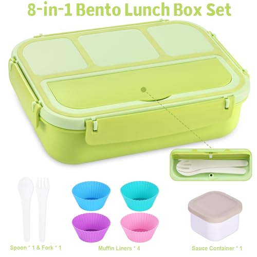 shell and turtle Bento Box Adult Lunch Box, Lunch Containers for Kids Girls Boys with 4 Compartments, Lunchable Food Container with Utensils, Sauce Jar, Muffin Liners, 40 Oz/5 Cup, Bright Green - color: Bright Bright Green