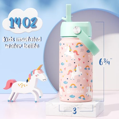 Fimibuke Kids Insulated Water Bottle, 14oz BPA FREE Double Wall Vacuum Tumbler 18/8 Stainless Steel Leak Proof Kids Cups with Straw Metal Water Bottle for School Boys Girls, 2 Pack - color: Fairy & Mermaid