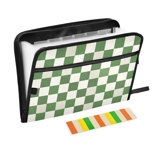 Expanding File Folder Green White Checkered Buffalo Plaid Accordion File Organizer 13 Pockets Document Organizer with Zipper Labels A4 Letter Office Storage - color: Multi35