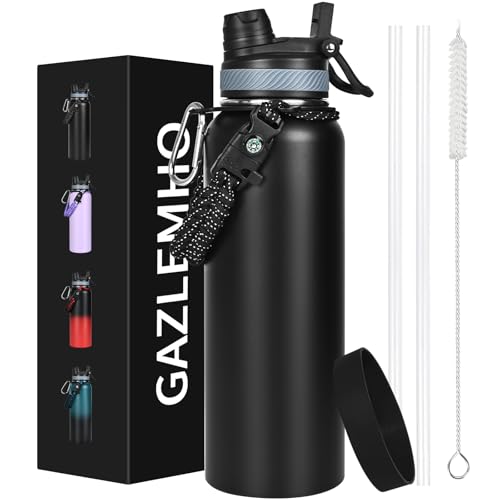 GAZLEMHO 40 oz Insulated Water Bottle with Straw& Spout 2-in-1 Lid, Triple Wall Vacuum Stainless Steel Cold 48H, Leak Proof Sports Metal Flask Jug with Paracord Handle, Black - color: Black, size: 40 Ounces
