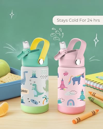 Hippypotamus Kids Water Bottle - Stainless Steel Vacuum Insulated -12 oz - Leak Proof Straw Lid & Soft Spout For Toddlers & Kids (Green Dinosaur) - color: Green Dinosaur