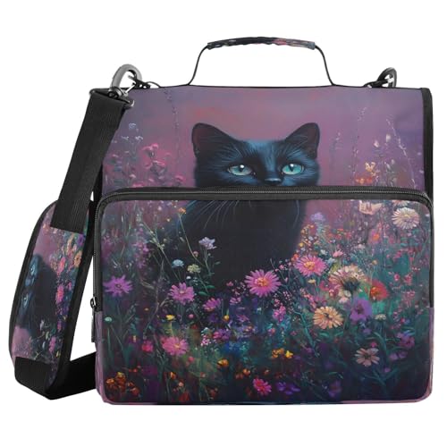 3 Ring Zipper Binder Black Cat Wildflowers Floral Binders Bag with Shoulder Strap 500 Sheets Paper Organizer Trapper Keeper Documents Storage File Folder for School Office - color: A434