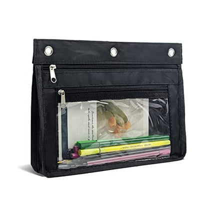 YoeeJob 1 Pack Pencil Pouch for 3 Ring Binder, Expandable Binder Pouches with Zipper, Large Capacity Pen Holder Case with Clear Window School Class Office Organizers, Black - color: Black
