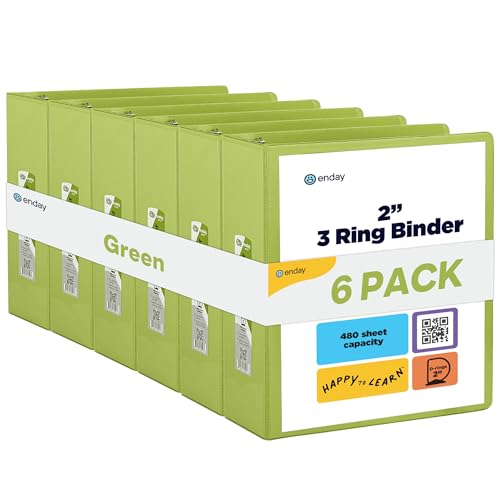 Enday 2 inch 3 Ring Binder (6 Pack - Green) Binder 2 inch with Clear View Cover and 2 Inside Pocket - for Letter Size 8.5 x 11'' Paper, Ideal for School Supplies, Office, and Home - color: Green, size: 2-Inch