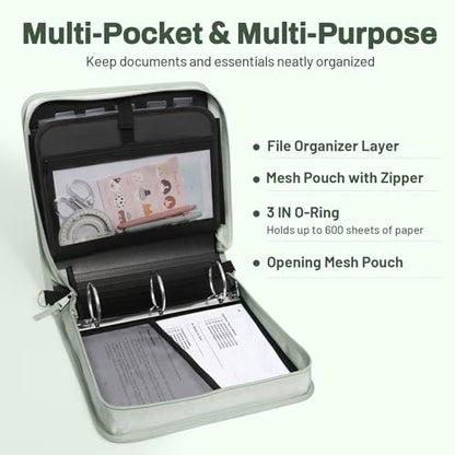 SUNEE Zipper Binder 3 Ring, 3 Inch O-Ring with Handle and Shoulder Strap, 600-Sheet Capacity, 5-Tab Expanding File Folder, Multi-Pockets for Middle School Organizer Binder with Zipper, Sage Green - color: Sage Green