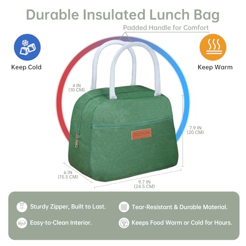 JBGOYON 4-in-1 Bento Box and Insulated Lunch Bag Set, Green | 6-hour insulation, 7.5 L lunch bag, leakproof 1.9 L container with 2 sauce cups, fork and spoon, 2 snack bags, BPA-fre - color: Green