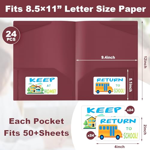 Henoyso 24 Pack Take Home Folders with 2 Pockets and Tabs, Plastic Classroom Communication Homework Folder School-to-Home with Clear Front Pocket for Students Parent Teacher Connector (Burgundy) - color: Burgundy