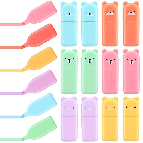 Ireer 18 Pcs Cute Highlighter Pens Assorted for School Kid 6 Macaron Colors Chisel Tip Kawaii Marker Pens Mini Cartoon Aesthetic Markers Highlighters for Writing Graffiti Drawing Office(Bear)
