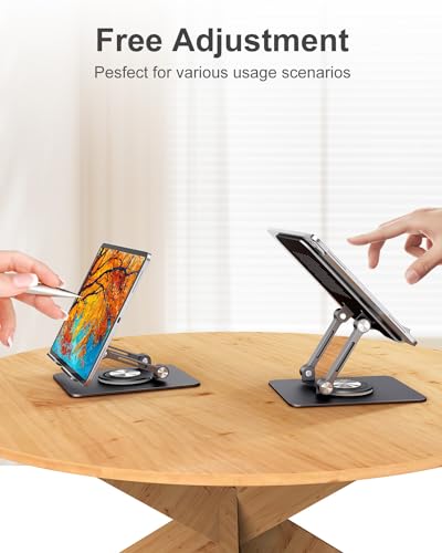 JUANWE Swivel iPad Stand for Desk, Aluminum Tablet Stand for Desk with 360 Rotating Base, Adjustable & Foldable iPad Holder, Compatible with Tablets, Switch, Kindle, Phone
