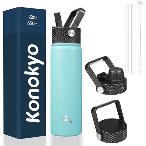 Konokyo 22 oz Insulated Stainless Steel Water Bottle with Straw Lid - color: Turquoise, size: 22 Ounces
