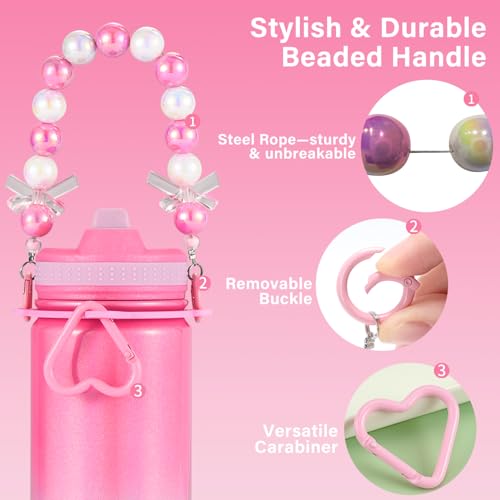 Mininoo Kids Water Bottle for School - 16 oz Stainless Steel Insulated Water Bottle with Ceramic-Lined, Leakproof Straw Lid & Beaded Handle for Girls & Boys - color: Sparkle Peach