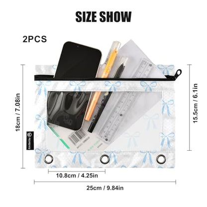 Blue Bow White Pencil Pouch for 3 Ring Binder 2 Pcs Binder Pouches with Zipper Pocket Pencil Case Bag with Clear Window for Office Work School Supplies - color: Blue Bow White