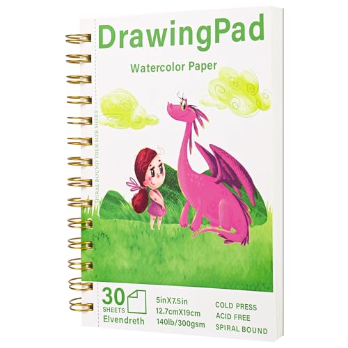 Elvendreth Drawing Paper Pad, 5x7.5 Inch, 140lb/300gsm No Bleed-Through Watercolor Paper, Spiral-Bound/Tear-Line, 30 Sheets for Adults, Kids, Artists -Watercolor Book, Exercises & Mixed Media - size: 5×7.5 in