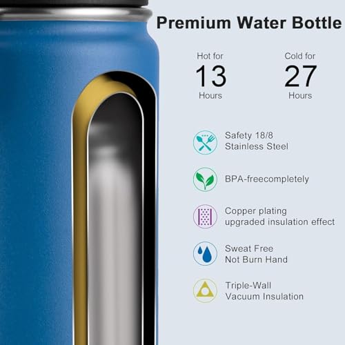 koodee Water Bottle -16 oz Stainless Steel Double Wall Vacuum Insulated Water Bottle for School Wide Mouth Spotrs Flask with Leakproof Spout Lid (Navy) - color: Navy, size: 16 Ounces