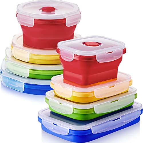 Zopeal 8 Pcs Collapsible Food Storage Containers Foldable Silicone Lunch Containers with Lids 4 Silicone Rectangle Collapsible Bowls and 4 Round Food Bowls Microwave Freezer Dishwasher Safe (Colorful) - color: Colorful