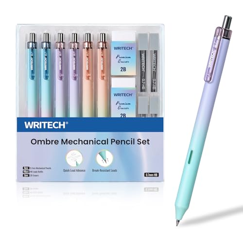 WRITECH Up Mechanical Pencil Set: 0.7mm Gradient With Erasers Drawing 6ct | Aesthetic Barrel Pencils with 4 Tubes of HB Lead Refills and 2 Extra Erasers for Writing Drawing Sketching Drafting