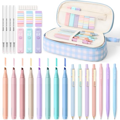 SUNEE 35PCS Aesthetic Stationery Set with Cute Pencil Case, Pastel Highlighters, Black Gel Pens, Mechanical Pencils & Refills, College School Supplies for Students Girls Blue Checkered - color: Blue Checkered, style: 35 Pack