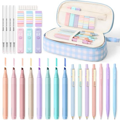 SUNEE 35PCS Aesthetic Stationery Set with Cute Pencil Case, Pastel Highlighters, Black Gel Pens, Mechanical Pencils & Refills, College School Supplies for Students Girls Blue Checkered - color: Blue Checkered, style: 35 Pack