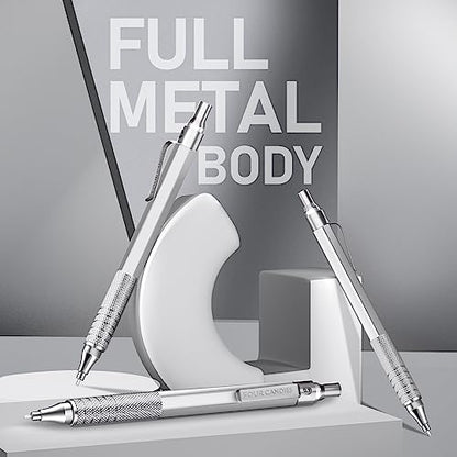 Four Candies 0.9mm Mechanical Pencil Set with Case, 3PCS Metal Artist Lead Pencil with 8 Tubes (480PCS) HB Lead Refills, 3 Erasers, 9 Eraser Refills For Engineer Art Writing Drafting, Silver - color: Silver, style: 0.9 MM