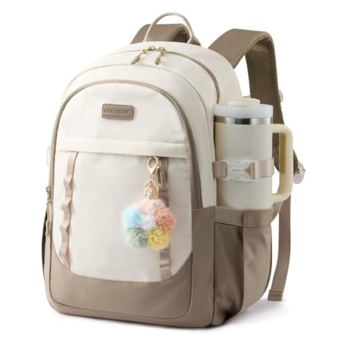 LOVEVOOK School Backpack for Teen Girl, Cute Student Bookbag Fits 15.6 Inch Laptop, Back to School Backpack Purse for Teenagers, Casual Daypack Kid Back Pack Travel Bag, Gift - color: Beige-dark Khaki, size: 15.6 Inch