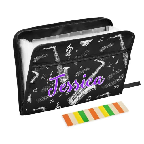 Kcldeci Custom Expanding File Folder with 13 Pockets,Saxophone and Music Notes Personalized Accordion Document Organizer with Labels, A4 Letter Size Portable Paper Storage for Office School Home Trave - color: Saxophone and Music Notes