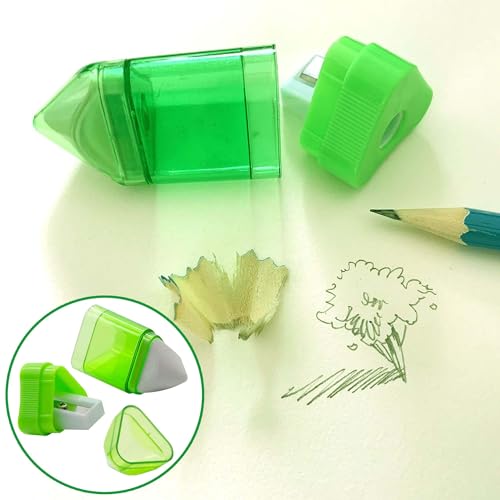 20 PCS Manual Pencil Sharpener with Eraser-2 in 1 Single Hole Triangular Shape Handheld Crayon Sharpener with Receptacle and Eraser for School, Office and Home Supplies