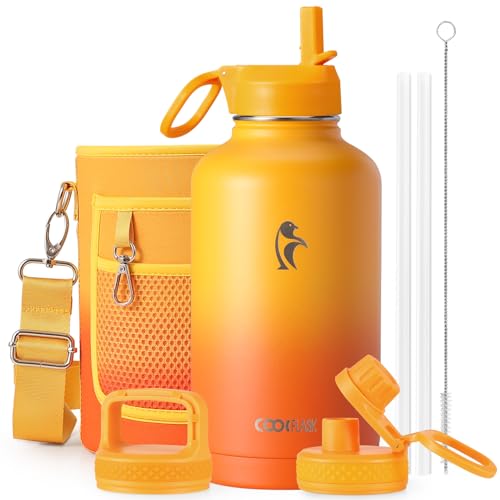 Half Gallon Water Bottle Insulated with Straw & 3 Lids, Coolflask 64 oz Water Jug Large Metal Stainless Steel Wide Mouth for Sports, Gym or Office, Non-BPA Keep Cold 48H Hot 24H, Ombre Yellow/Orange - color: Ombre Yellow/Orange, size: 64 Ounces