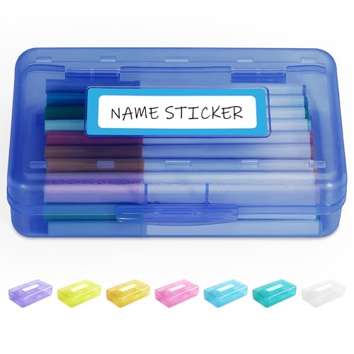 Sooez Pencil Box with Personalized Sticker,Large Hard Pencil Case Organizer | Clear Plastic Crayon Box for Girls and Boys, Colored Marker Organizer, Small Plastic Containers/Bins with Lids, Art Supply - color: Blue