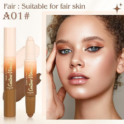 Contour Highlighter Stick，2-in-1 Dual-Ended Cream Bronzer & Highlighter Sticks Pen for Face Body Contouring Makeup- Buildable，Waterproof, Easy to Apply Suitable for Beginners，01Nuetral Nude + Beige - color: A01#Fair