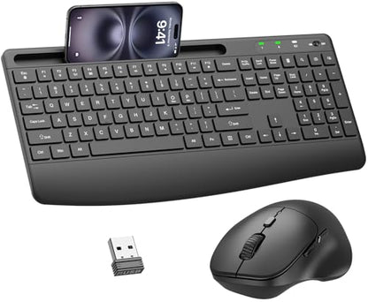Ergonomic Wireless Keyboard and Mouse Combo, Full-Size Silent Keyboard with Wrist Rest & Phone Holder, 3 DPI Adjustable Mouse, 2.4G Lag-Free Cordless, Long Battery Life for PC Laptop Mac Windows