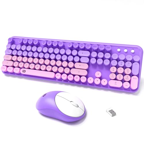 Wireless Keyboards Mouse Combos, Colorful Cute Typewriter Full-Size Retro Creamy Keyboard, 2.4GHz Sleep Mode Office Quiet Wireless Keyboard and Mouse Set for Desktop Laptop PC Computer(Purple) - color: 105 Keys Purple