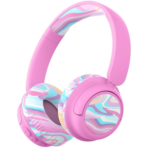 iClever BTH22 Kids Bluetooth Headphones, 60H Play Time, 74/85 dBA Safe Volume, Bluetooth 5.4, USB C, Over Ear Kids Headphones Wireless with Mic AUX Cord for iPad/Tablet/Travel/School, Pink-Stripe - color: Pink-Stripe