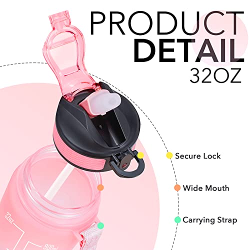 Hyeta Water Bottle with Straw & Time Marker, Plastic 32oz Leakproof | Motivational Tritan BPA Free Gym Office Outdoor Intake Tracker Hourly Reminder Straw Lid Carry Strap - color: Pink-Blue