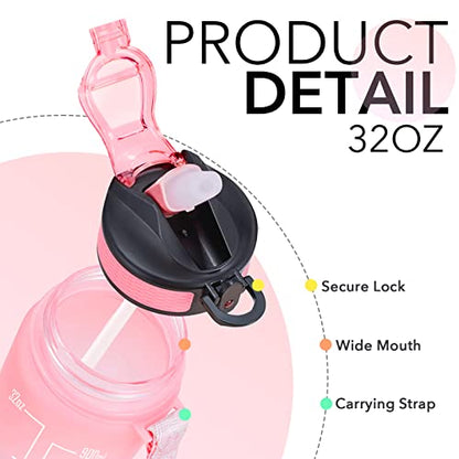 Hyeta Water Bottle with Straw & Time Marker, Plastic 32oz Leakproof | Motivational Tritan BPA Free Gym Office Outdoor Intake Tracker Hourly Reminder Straw Lid Carry Strap - color: Pink-Blue