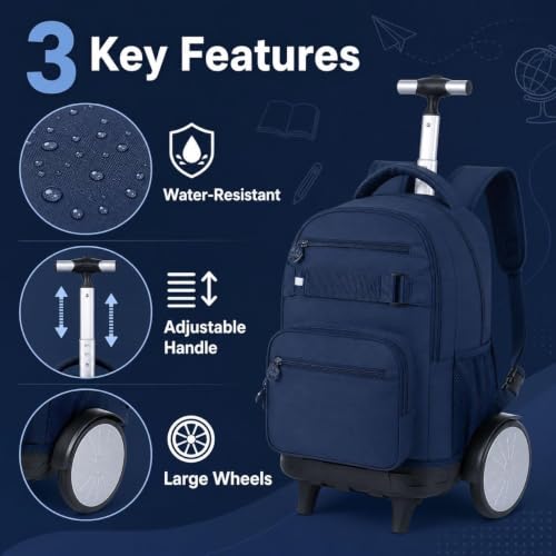 3Pcs Large Rolling Backpack for Teen Boys Men, 20 Inch Detachable Wheeled Bookbag with Lunch Box, Durable Oxford Cloth Roller Backpack for College School Travel (Blue) - color: Large Wheels Classic Blue