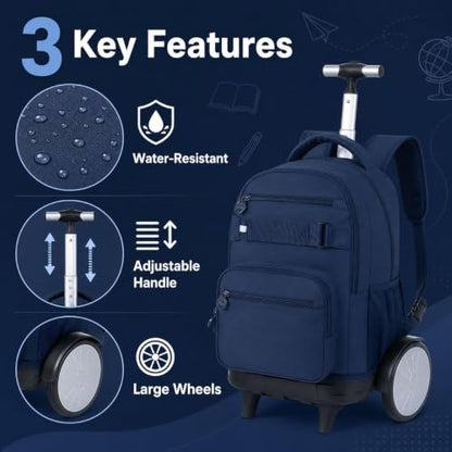 3Pcs Large Rolling Backpack for Teen Boys Men, 20 Inch Detachable Wheeled Bookbag with Lunch Box, Durable Oxford Cloth Roller Backpack for College School Travel (Blue) - color: Large Wheels Classic Blue