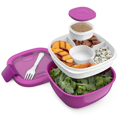 Bentgo Salad Container - 54 oz Bowl with 4-Compartment Toppings Tray, Leak-Proof Dressing Container, Reusable Fork, BPA-Free Lunch Box for Meal Prep & Food Storage; Removable Bento Tray (Purple) - color: Purple