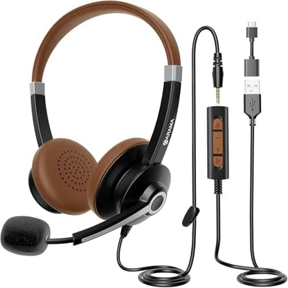 Arama USB Headset with Mic for PC, USB-C/A & 3.5mm Jack | Noise-canceling mic, Plug-and-play,Comfortable lightweight design, Stereo sound，Wide compatibility with pc/phones/tablets