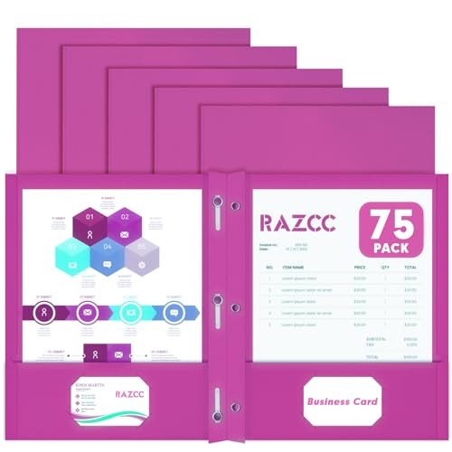 Two Pocket Folders, RAZCC 75 Pack Two Pocket Folders with Prongs, 3 Prong Folders Fit Letter Size Paper, Pocket File Folders for School Office Home Business, Rose Purple - color: Rose Purple