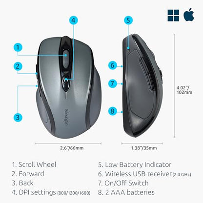 Kensington Pro Fit Mid-Size Wireless Mouse, Graphite Gray (K72423AM) - color: Graphite Gray
