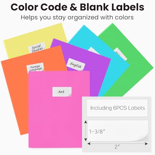 Sooez 6Pack Folders with Pockets, Pastels Colors, Heavy Duty Pocket Folder, Plastic Folders with Pockets, 2-Pocket Folder Bulk, Aesthetic File Folder, Back to School Office Filing Supplies - color: Bright Colors