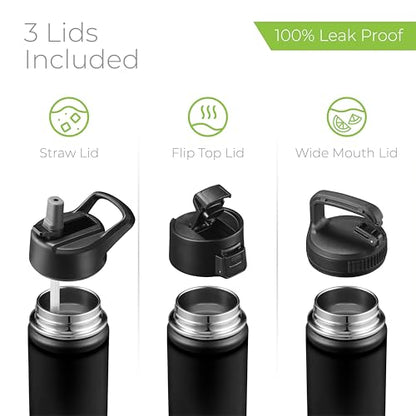 SipX™ 18 oz Insulated Water Bottle with 3 Lids – Leakproof Stainless Steel, Triple Insulated – Cold 24 Hours/Hot 12 Hours – Durable Bottle for School, Gym, Travel – Black - color: Black, size: 18 Ounces
