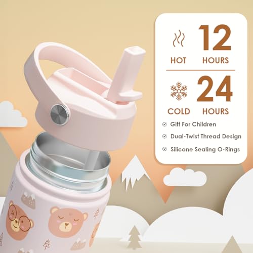 SANDJEST Bear Kids Water Bottle With Straw Lid 12oz Insulated Stainless Steel, Travel Tumbler, Bear Gifts For Boys Girls, Birthday, Christmas, Back To School - color: Bear 1
