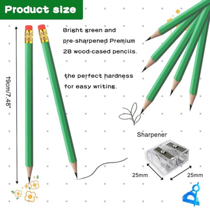 Adhere 25pcs Woodcase Pencils with Eraser Premium Pre-Sharpened Hexagon Graphite 2B pencils ideal for home, office writing including a Free Sharpener (Light green・25pcs) - color: Light Green・25pcs