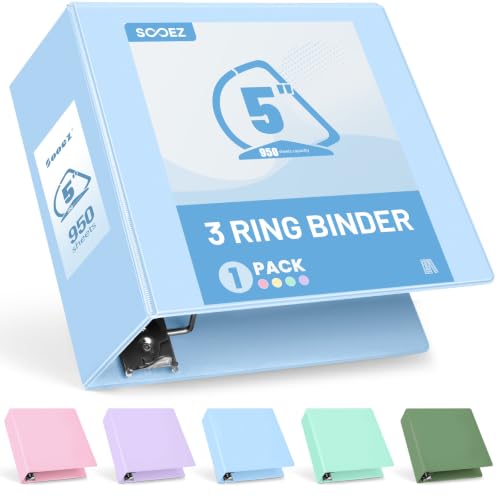 Sooez BinderX Extra Durable 5 Inch 3 Ring Binder, D-Ring Large Binder, Holds 950 Sheets of 8.5x11 Paper, Customizable View Cover with Inside Pockets, Heavy Duty 3 Ring Binder for School, Light Blue - color: Light Blue, size: 5 inch