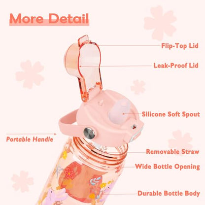 20oz Kids Water Bottle For School or Travel, Leak-Proof & Dishwasher, Durable Plastic Sport Water Bottle With Straw and Handle, Rabbit - color: Pink rabbit